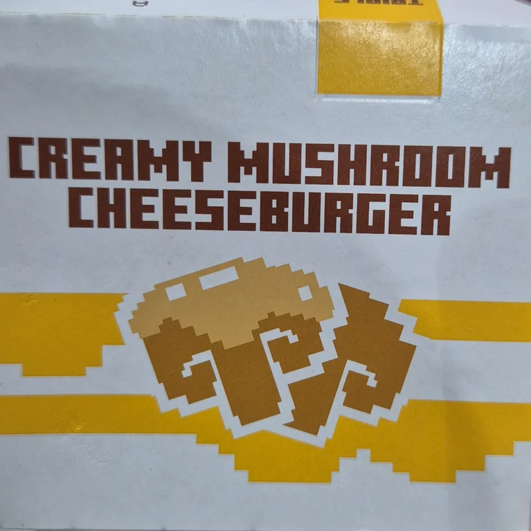 Packaging for mushroom cheeseburger from mcdonald the minecraft movie collaboration