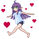 Drawing of a running elf with 1:1 pixel hearts in the background
