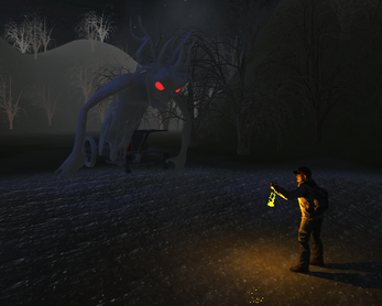 image of monster standing in front of a man with lantern